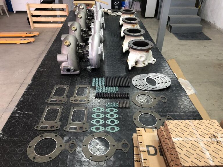 MAN engine parts and gaskets arranged for service